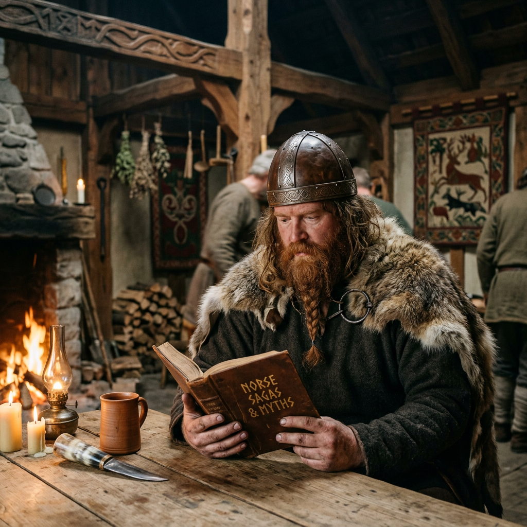 Viking man in leather helmet and fur cloak reading 'Norse Sagas & Myths' book