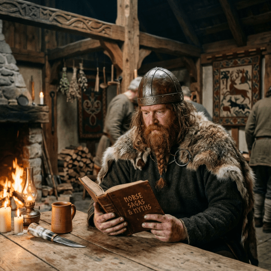 Viking man in leather helmet and fur cloak reading 'Norse Sagas & Myths' book