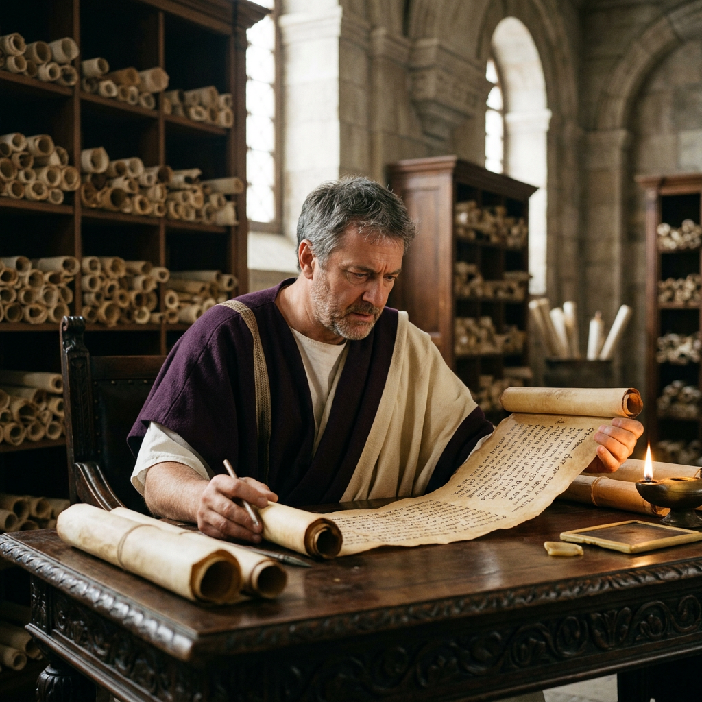 Man in ancient attire reading a long manuscript scroll at a wooden table