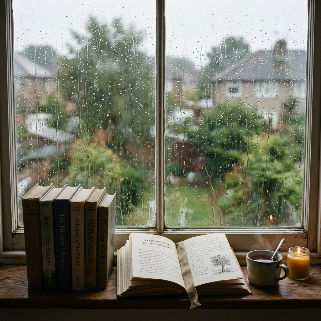 Open book and tea beside books on a rain-streaked window seat