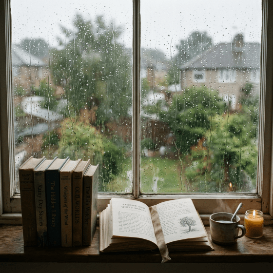 Open book and tea beside books on a rain-streaked window seat